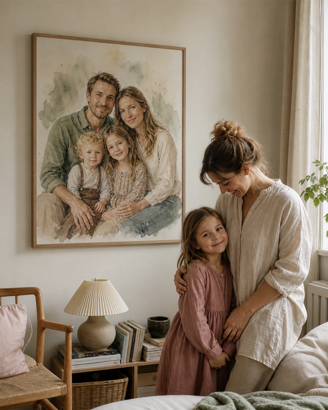 Kund med dotter bredvid sitt illustrerade familjeporträtt