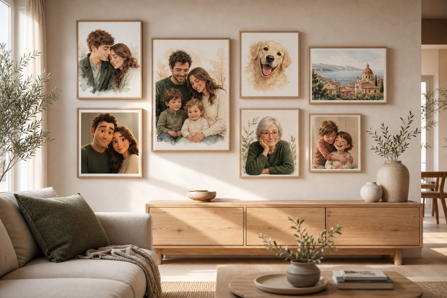 Gallerivägg med personliga illustrerade familjeporträtt, hundmotiv och reseminnen